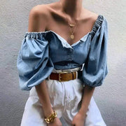 Summer Fashion Office Lady Camisas Blusas Sexy Off Shoulder Bubble Sleeved Denim T-shirt Blouse Beach Party Tops Streetwear