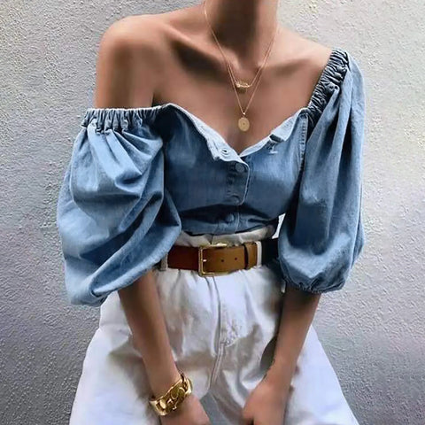 Summer Fashion Office Lady Camisas Blusas Sexy Off Shoulder Bubble Sleeved Denim T-shirt Blouse Beach Party Tops Streetwear