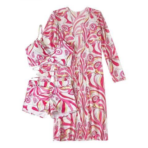 3 Pcs/Set Women Bikini Cover Up Set Contrast Color Long Sleeves Cover Up Spaghetti Strap Swimwear Set Water Activity Clothes