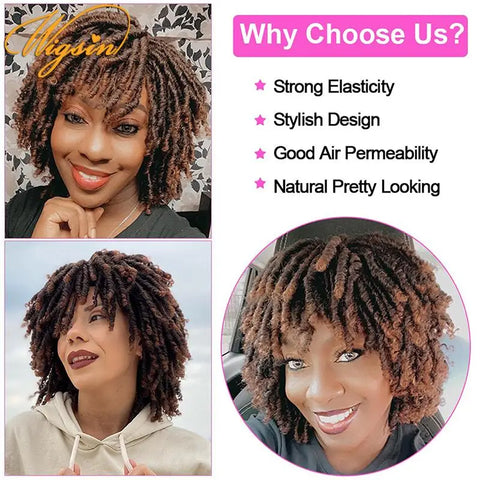 WIGSIN Synthetic 6Inch Dreadlocks Hair Wig Short Curled Twisted Braid Black Brown Heat Resistant Breathable Wig for Black Women