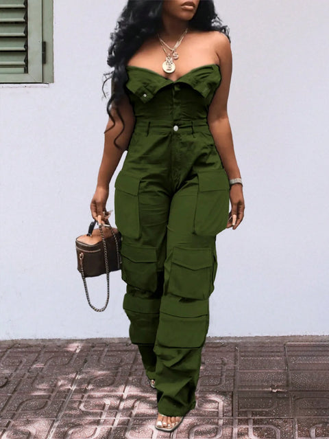 Solid Color Casual Overalls Jumpsuit, Sexy Straight Tube Tube Top Long Jumpsuit, With Pockets, Women's Wear