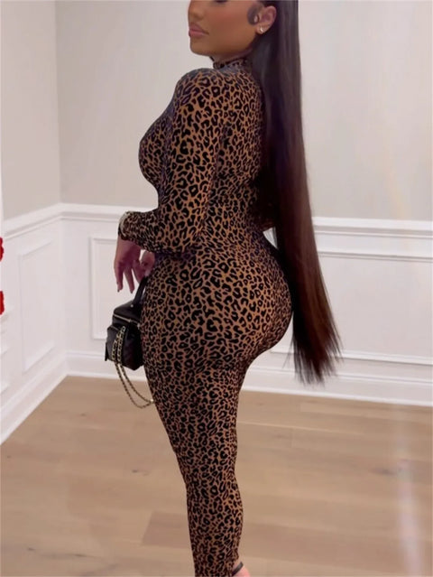 Active Leopard Print O-neck Bodycon Jumpsuit Women 2025 Spring Sexy Night Club Party One Piece Overall Rompers Outfits