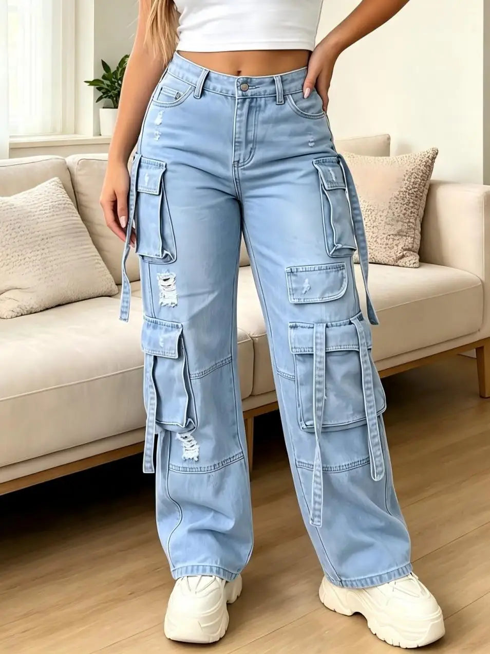 Light Wash Wide-Leg Cargo Jeans – main view