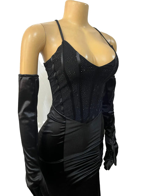 Women Diamonds Sequined Long Sleeve Gloves Bodycon Long Mermaid Maxi Dress Birthday Evening Sexy Party Dresses Vestidos