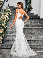 Ladies Dresses Sleeveless Camisole V-neck Sequined Mermaid White Wedding Dress Backless Lace Floor Length Evening Women Gown