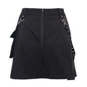 Women Gothic Skirt High Waist Punk Streetwear Streamer A-Line Skirt Nightclub Sexy Irregular Belted Black Faldas Pleated Skirt