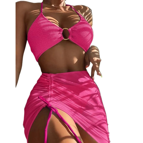 Bikini Women'S Sexy Solid 3 Piece Bathing Suit Seductive Hollow Buckle Biquini With Adjustable Drawstring For Womens купальники