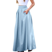 Spring Summer Office Lady Pleated Skirt Women High Waist A Line Floor Length Skirt Faldas With Pockets Solid Baggy Maxi Skirt