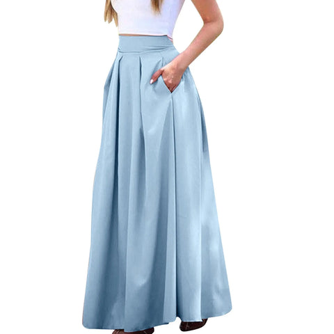 Spring Summer Office Lady Pleated Skirt Women High Waist A Line Floor Length Skirt Faldas With Pockets Solid Baggy Maxi Skirt