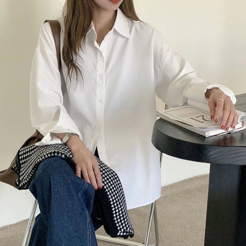 Female Solid Color White Long Sleeved Shirt Spring And Autumn Korean Shirt Loose Casual Blouse Women's Button Up Shirt