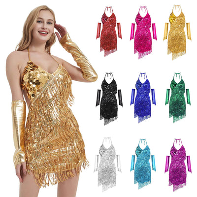 Sequined Tassels Patchwork Short Dress Women Latin Dance Clothes Multicolored Halter Backless Irregular Dress With Oversleeve