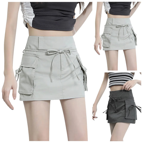 Hot Women Cargo Skirt High Waist Lace Up Harajuku Y2k Skirt With Pockets Fashion Streetwear Korean Bodycon Elastic Pencil Skirt