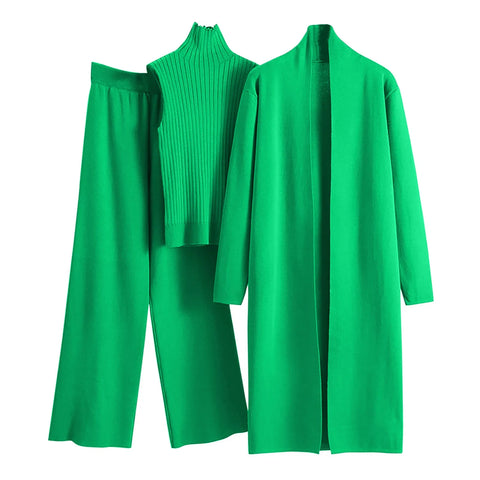 Ladies 3 Piece Outfits Sweater Sets Pullover Crop Top & Knitted Long Cardigan & Wide Leg Pants Suits Autumn Clothes Sets