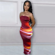 Echoine Tie Dye Print Strapless Skinny Long Dress Women Bodycon Sexy Party Evening Dresses Streetwear Vintage Vestidos Summer