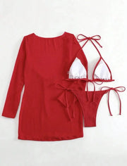 2025 Beach Skirt Swimsuit Women White Three-Piece Bikini Sexy Mesh Long Sleeve Hollow Out Bathing Suit Swimwear Summer Beachwear