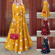 2025 Women Spring Muslim Dress Elegant Casual Loose Abaya Kaftan Sundress Long Sleeved Polka Dots Printed O-neck Maxi Robe