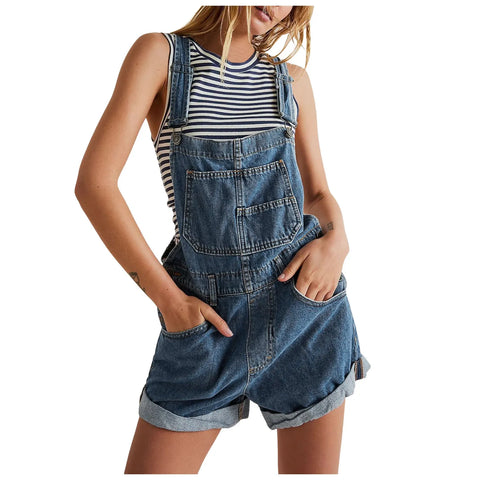 2024 Womens Cowboy Strap Jumpsuit Shorts Denim Loose Pocket Shoulder Strap Jeans Overalls For Women Youthful Woman Clothes