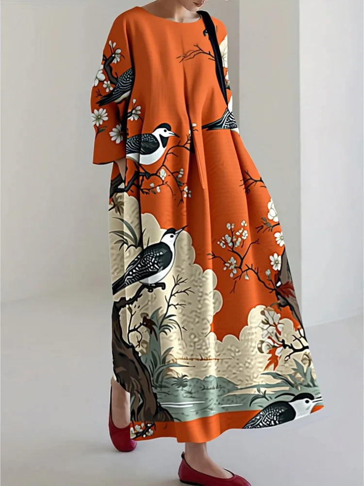 Vintage Print 3/4 Sleeve Swing Maxi Dress – main view