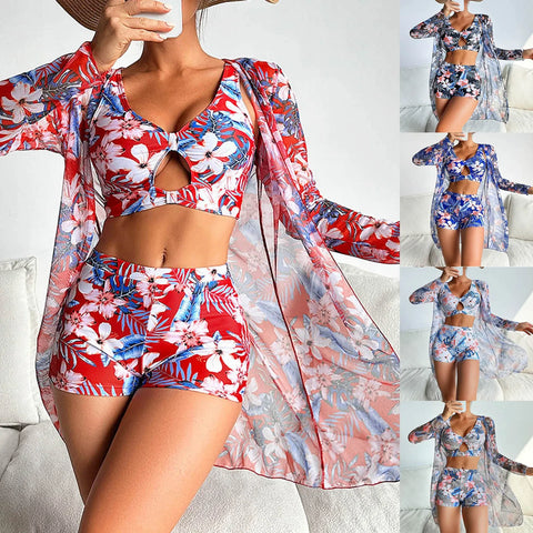 Brazilian Bikini Set Women Floral Printed Beach Wear Three Piece Push Up Cover Up Swimsuit Sexy Swimming Suit 2024 Bathing Suit