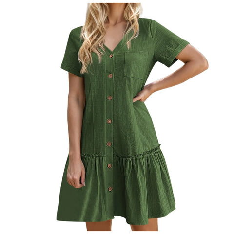 Female Dresses Outfits Women Button Down Dress Loose Summer Cotton Linen Shirt Dress Ruffle Casual Tunic Dress платье женское