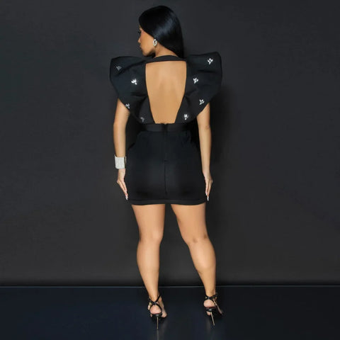 Women V-neck Petal Sleeveless Mini Dress Diamonds Ruched Bodycon Dresses Sexy Night Party Vestidos Fashion Evening