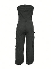 Solid Color Casual Overalls Jumpsuit, Sexy Straight Tube Tube Top Long Jumpsuit, With Pockets, Women's Wear