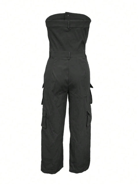 Solid Color Casual Overalls Jumpsuit, Sexy Straight Tube Tube Top Long Jumpsuit, With Pockets, Women's Wear