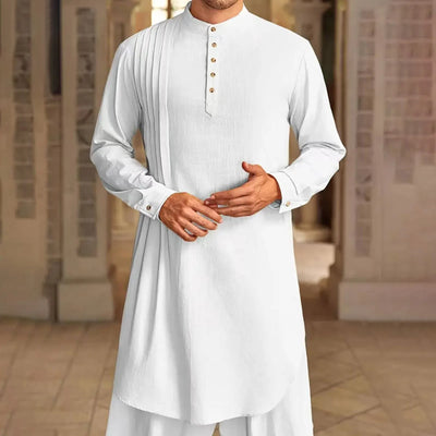 Men'S Buttoned Cotton Linen Shirt Muslim Robe Kurtas For Men Muslim Shirt Stand Collar Long Sleeve Islamic Arab Kaftan Punjabi
