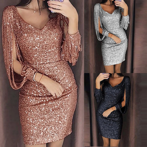 Dresses For Wedding Guest Kids Women Long Shining Mini Sequined Sleeved Stitching Solid Sexy Dress Club платье женское летнее