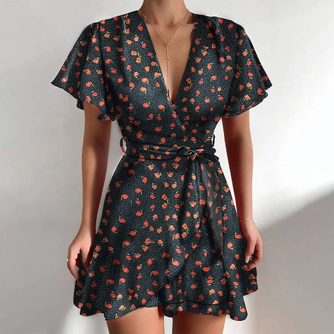 Women'S A-Line Dress V Neck Ruffled Waistband Wrapped With Printed Casual Dress Female Vintage Printing Casual Beach Dresses