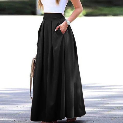Spring Summer Office Lady Pleated Skirt Women High Waist A Line Floor Length Skirt Faldas With Pockets Solid Baggy Maxi Skirt