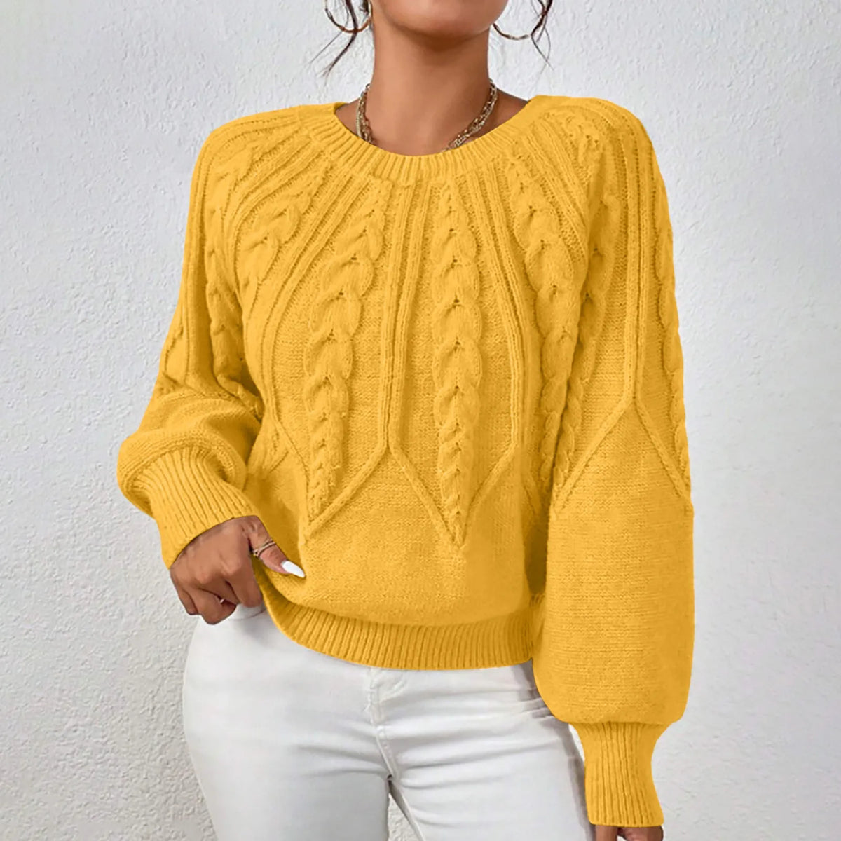 Cable Knit Puff Sleeve Crewneck Sweater – view 9 of 20