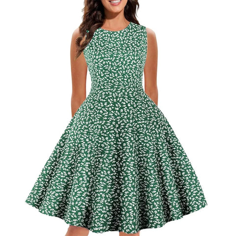 Retro Floral Print Summer Dress For Women Elegant Swing Rockabilly Party Dresses Sleeveless Casual Swing Evening Midi Dress