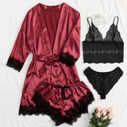 Women' Silk Satin Pajamas Set 4pcs Lingerie Floral Lace Sleepwear With Robe Nightgown Long
