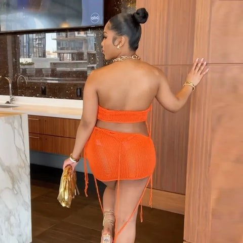 Echoine Irregular RibbonStrapless Crop Top and Mini Skirt Summer Knit Hollow Out See Through Matching Set  Two Piece Set Outfits