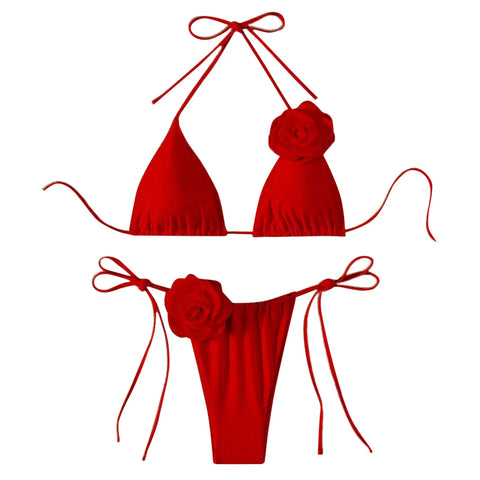 Halter 3D Rose Flower Decor Brazilian Bikini Women Sexy Low Waist Lace Up Split Two Pieces Swimwear Female Bathing Suits Swim