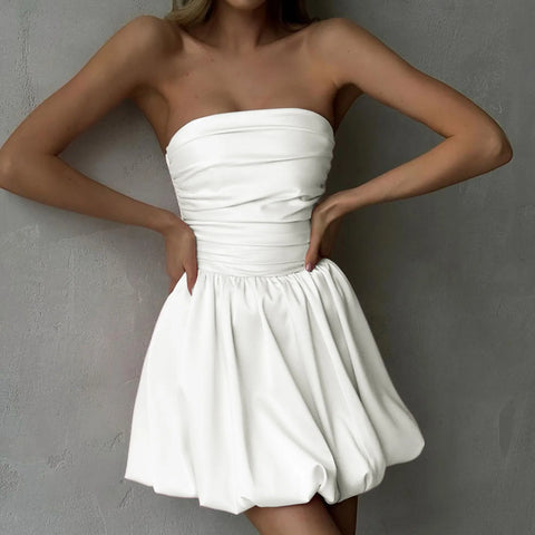 Charm Satin Dress For Women Puffy Spaghetti Strap Ruched Bubble Dresses Elastic Plus Size Vestidos Evening Party Chic Clothes