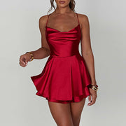 Women Suspender Satin Halter Dress Sexy Backless Ruffled Red Skirt Summer Evening Party Dresses Elegant Lady A-Line Vestidos