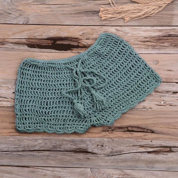 Women's Summer Solid Color Handwoven Crochet Bikini  Shorts Beach Swimming Pants Stretchable Strap Hollow Flat Corner Pants