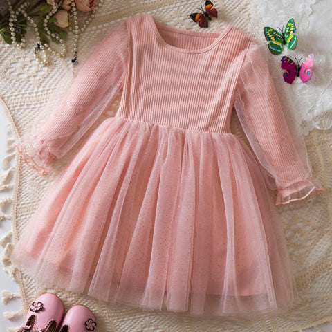 Kids Dresses For Girls 2-7Y Flower Lace Patchwork Tulle Dress Wedding Little Girls Party Birthday Dress Children Casual Clothing