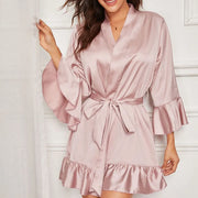 oversized Fashion Sexy Lace Satin Sleepwear Women Ladies Night Dress Lingerie Nighties Ruffle Wrap Robe Lace Up Loose Nightgown