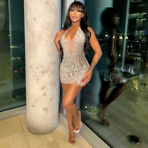 Echoine Spaghetti  Lace Up Halter V-neck Sheer Mesh Diamond Mini Dress Sexy Skinny Party Evening Night Club Dresses Vestidos