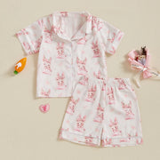 Summer Boy Girl Easter Satin Pajamas Set Bunny Print Short Sleeve Lapel Button Down Tops with Shorts Sleepwear