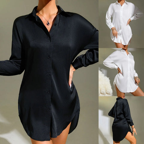 2024 Spring Summer Women'S Shirts Office Lady Blouse Ice Silk Pajamas Button Up Long Sleeve Shirts Women Black White Tee Shirts