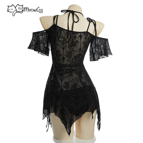 MEOWCOS Goth Bikini Flocking Design Swimsuit Dark Style Gothic Bathing Suit with Cover Up