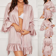 oversized Fashion Sexy Lace Satin Sleepwear Women Ladies Night Dress Lingerie Nighties Ruffle Wrap Robe Lace Up Loose Nightgown