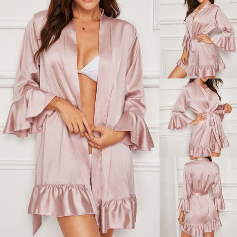 oversized Fashion Sexy Lace Satin Sleepwear Women Ladies Night Dress Lingerie Nighties Ruffle Wrap Robe Lace Up Loose Nightgown