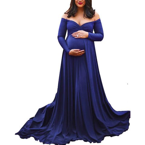 Womens Maternity Dress Sexy Off Shoulders Long Sleeve Photography Pregnants Dresses Solid Color Princess Dress Photo Props