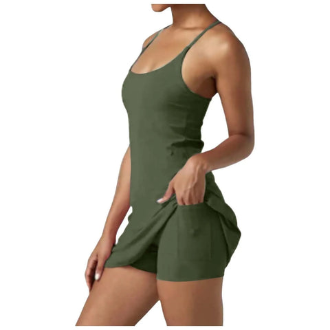 Women Workout Tennis Dress With Built In Bra Shorts Summer Fashion White Flare Sleeve Dress Casual Hollow Out Party A-Line Dress