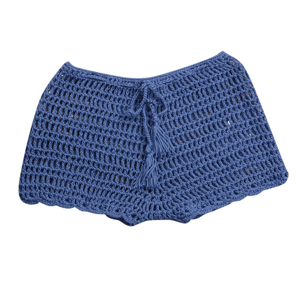 Women's Summer Solid Color Handwoven Crochet Bikini  Shorts Beach Swimming Pants Stretchable Strap Hollow Flat Corner Pants